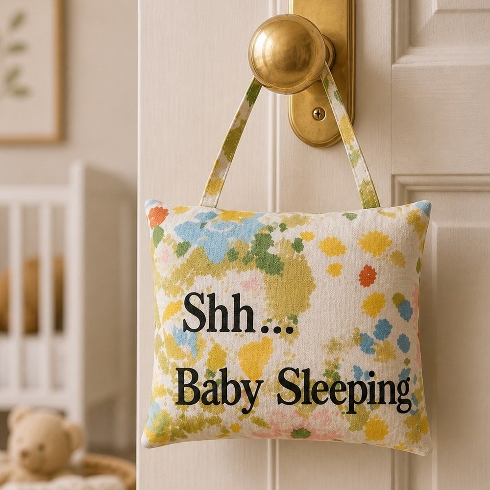Vintage 1970s Shhh Baby Sleeping Door Pillow Floral Nursery Decor Hanging Sign